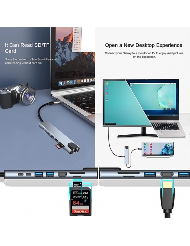 Hub USB-C avec 8 Ports HDMI 4k - Ethernet - USB - SD - 3