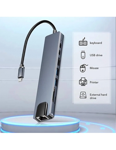 Hub USB-C avec 8 Ports HDMI 4k - Ethernet - USB - SD - 4