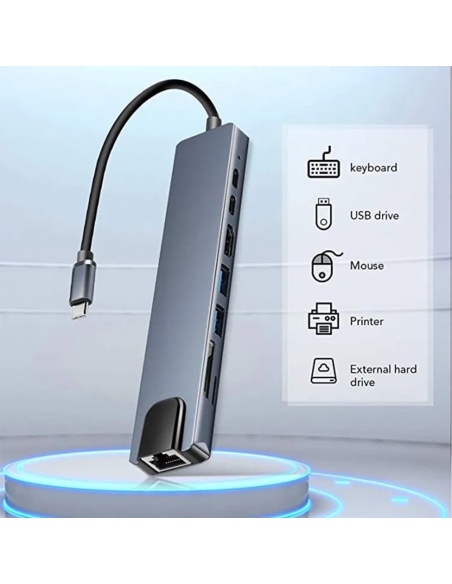 Hub USB-C avec 8 Ports HDMI 4k - Ethernet - USB - SD - 4