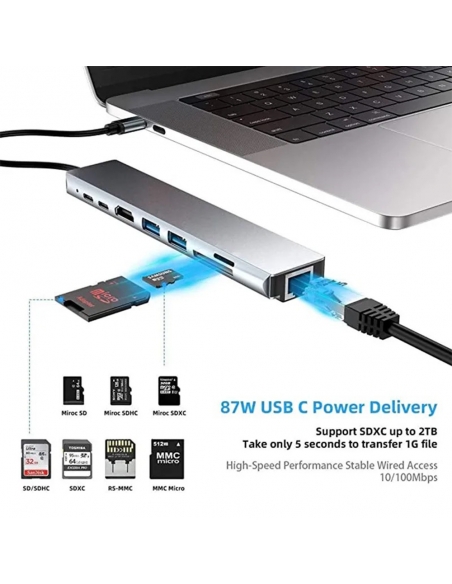 Hub USB-C avec 8 Ports HDMI 4k - Ethernet - USB - SD - 6