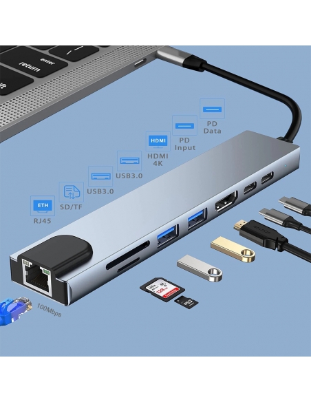 Hub USB-C avec 8 Ports HDMI 4k - Ethernet - USB - SD - 2