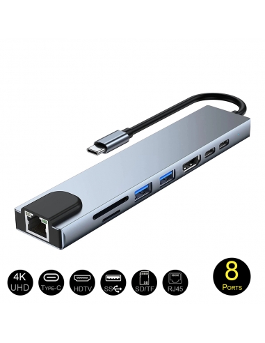 Hub USB-C avec 8 Ports HDMI 4k - Ethernet - USB - SD