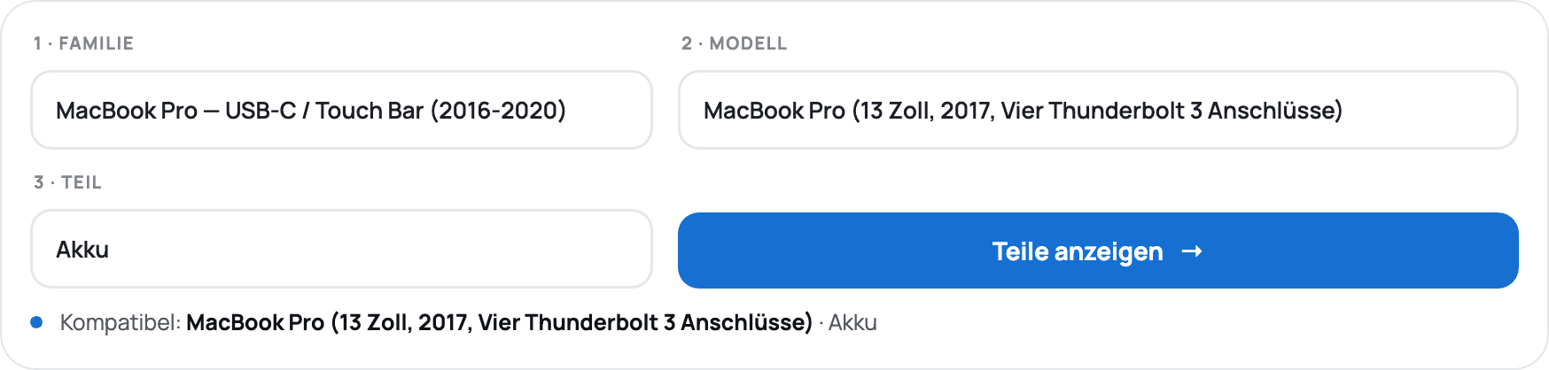 Die Teile-Auswahl auf der Startseite von Place du Mac: Familie, Modell, Teil – hier ein MacBook Pro 13″ 2017, Akku.