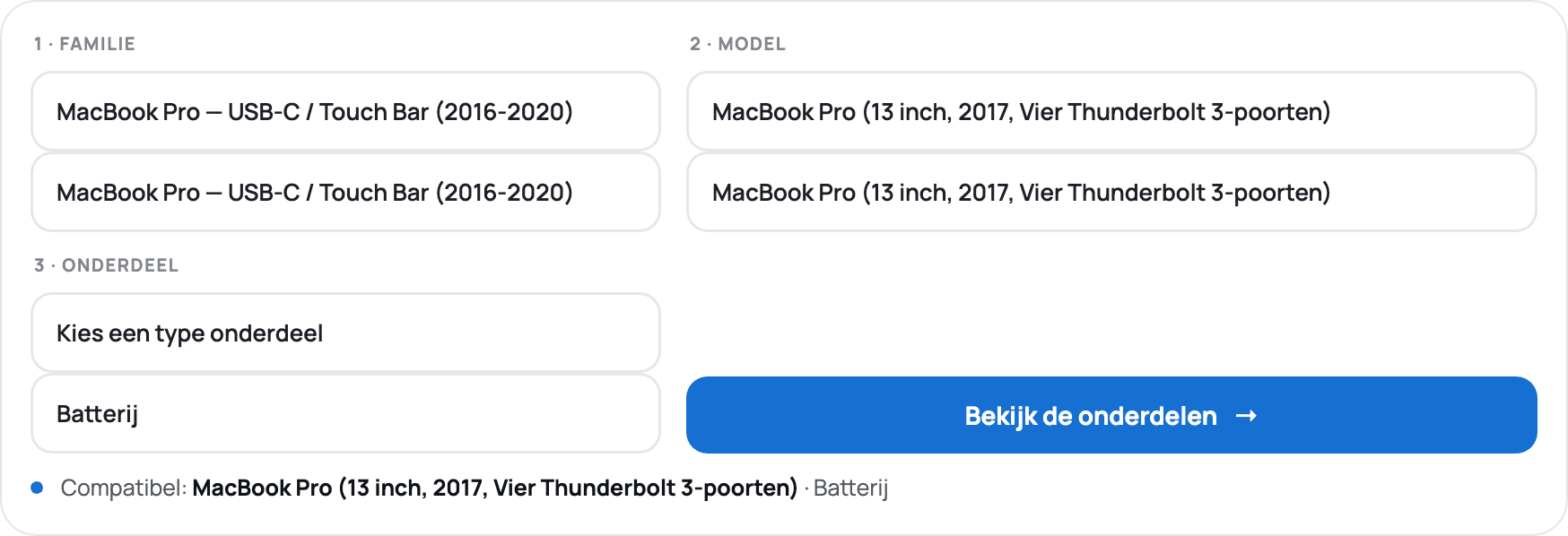 Het onderdelen-keuzemenu op de homepage van Place du Mac: Familie, Model, Onderdeel — hier een MacBook Pro 13″ 2017, Batterij.