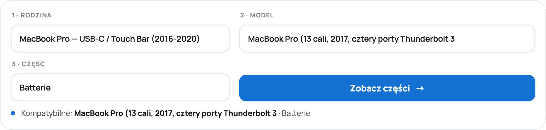 Selektor części na stronie głównej Place du Mac: Rodzina, Model, Część — tutaj MacBook Pro 13″ 2017, Bateria.